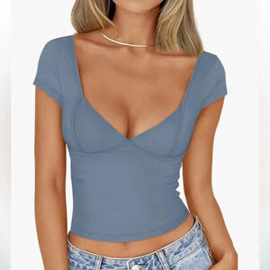 Trendy Queen Deep V-Neck Tops Short Sleeve Slim Fit Basic Y2K Bustier 2025